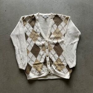 Vintage 90s Casual Corner Cardigan Sweater Size Small Cream Geometric Knit